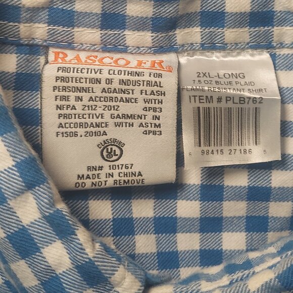 Rasco FR Mens Flame Resistant Long Sleeve Shirt Blue Checkered Button-Up Size XL - Picture 5 of 6
